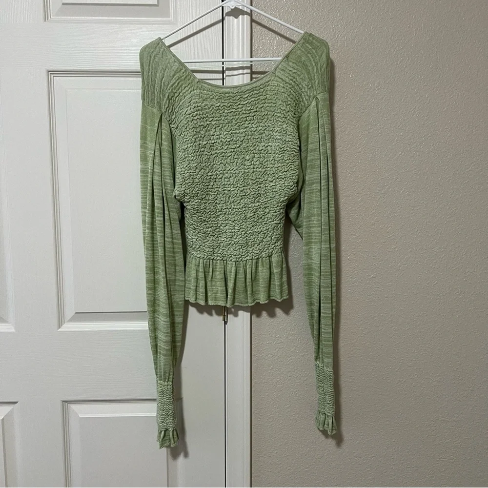 Free People Smocked Light Green Long Sleeve Peplum Size M